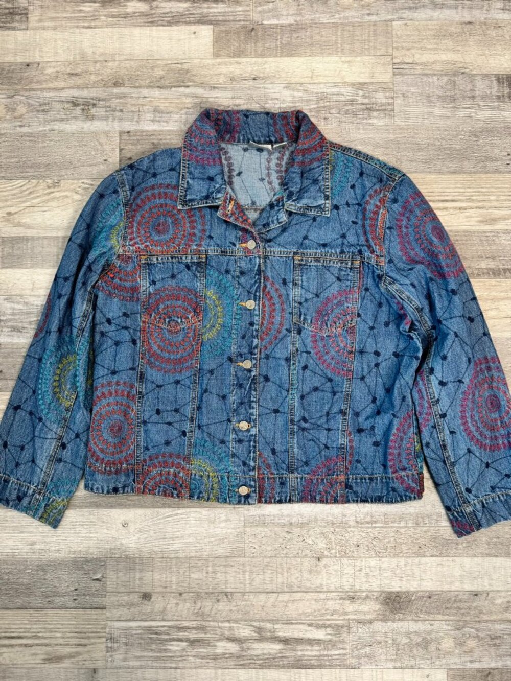Chico's denim embroidered button front jacket womens size 3/XL E18